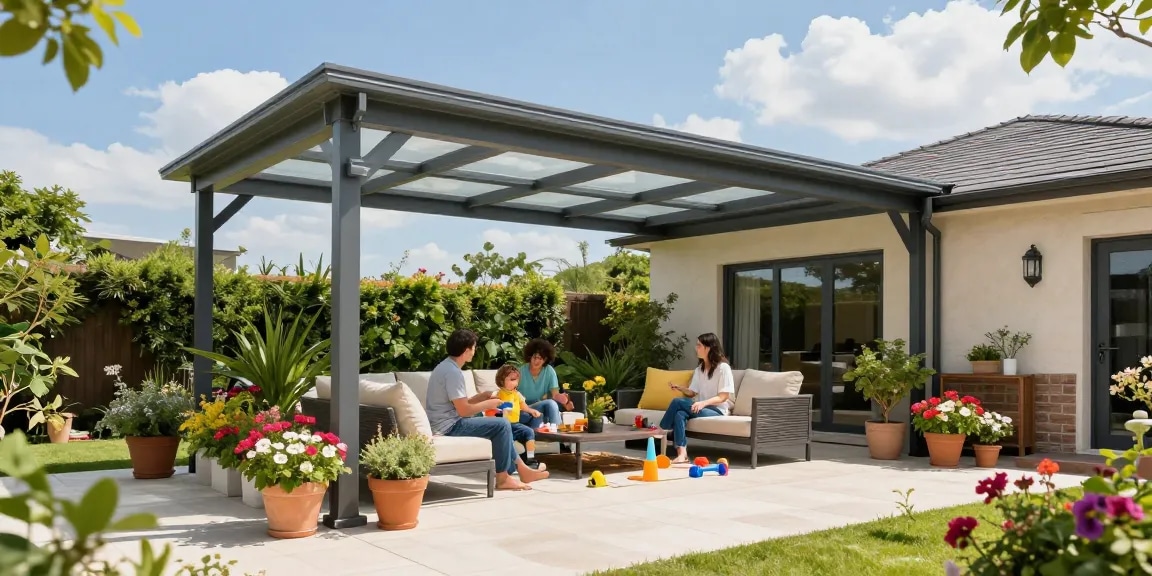 Moderne Terrassenüberdachungen bieten einen einladenden Rückzugsort für Familien im Freien.