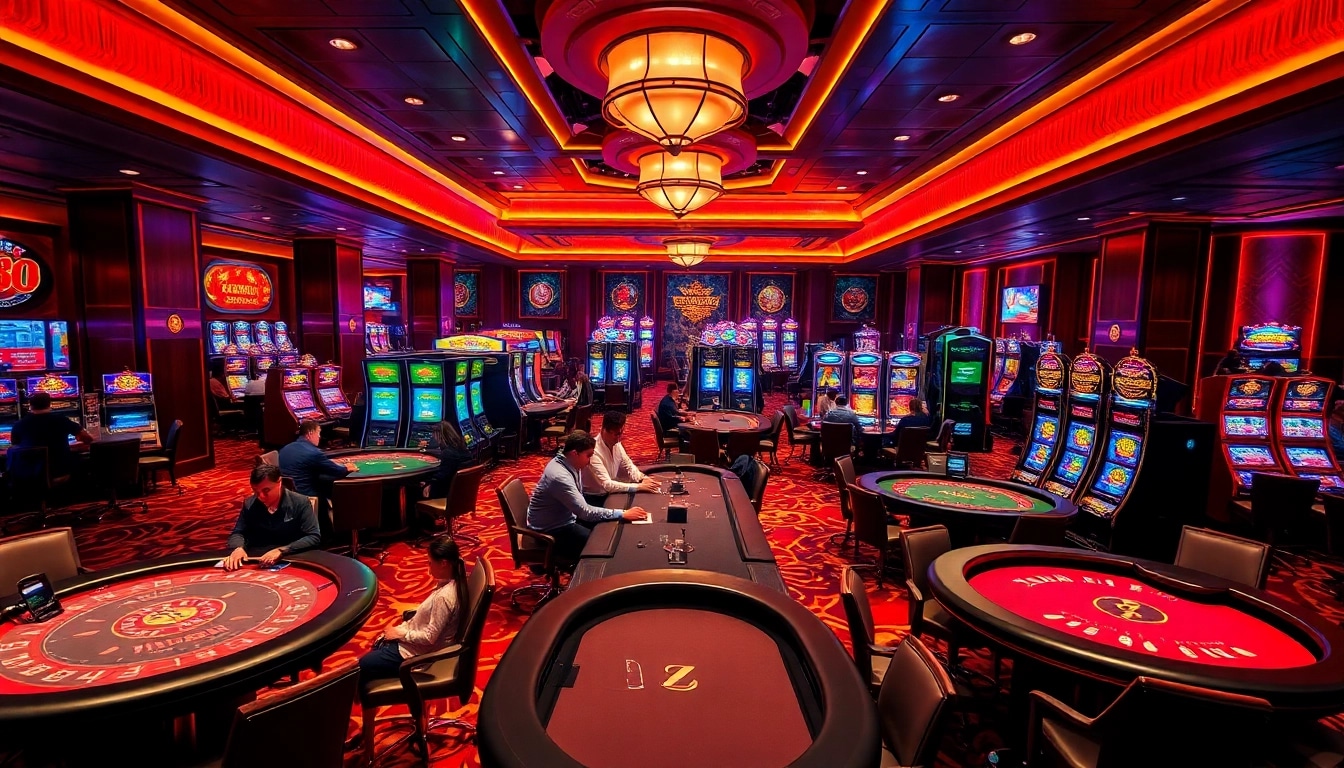 Zing88 players enjoying a thrilling casino experience with vibrant gaming tables and slot machines.