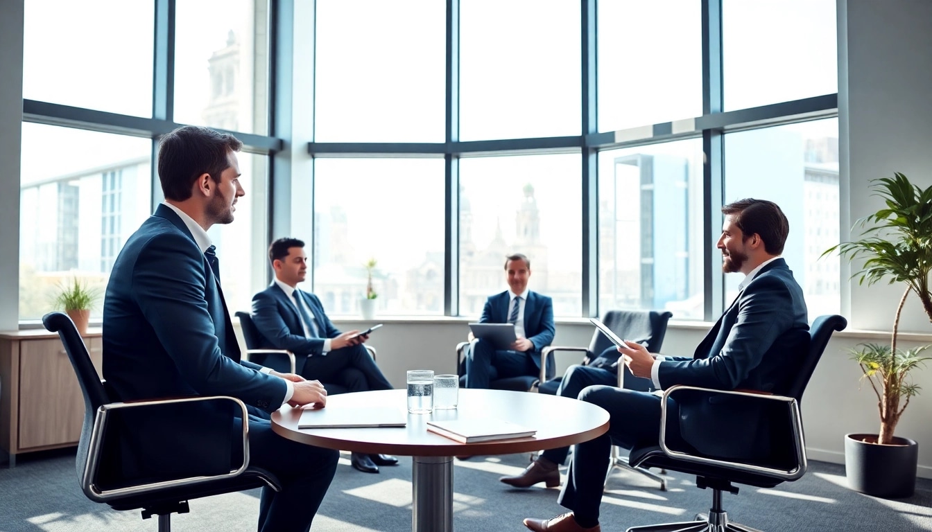 Unternehmensberatung in einem modernen Büro, bei einem strategischen Meeting zwischen Beratern und Klienten.