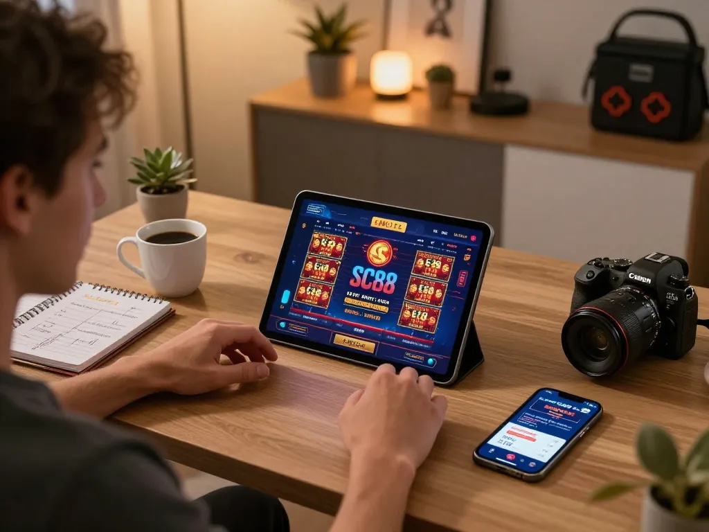 Engaging with SC88 casino app on tablet while strategically managing bankroll in cozy home office.