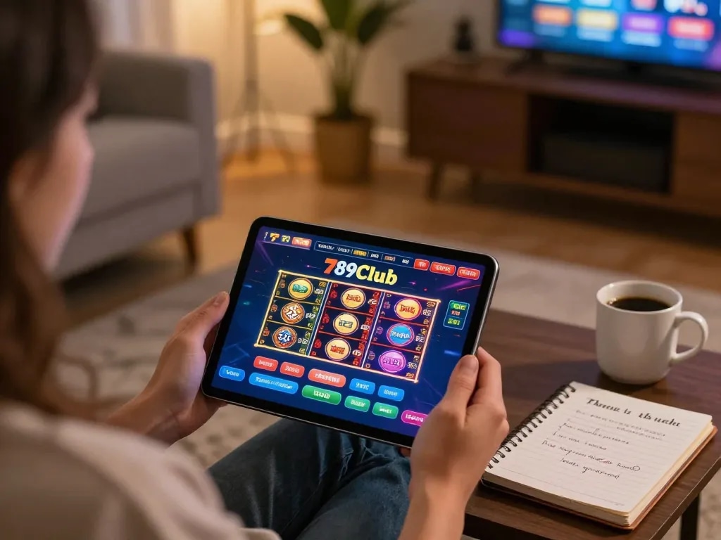 Player enjoying 789Club online casino game on tablet in cozy living room