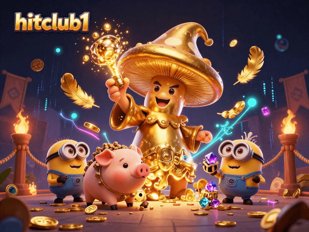 Hitclub1 features a golden mushroom wizard conjuring treasure magic in an enchanting casino scene.