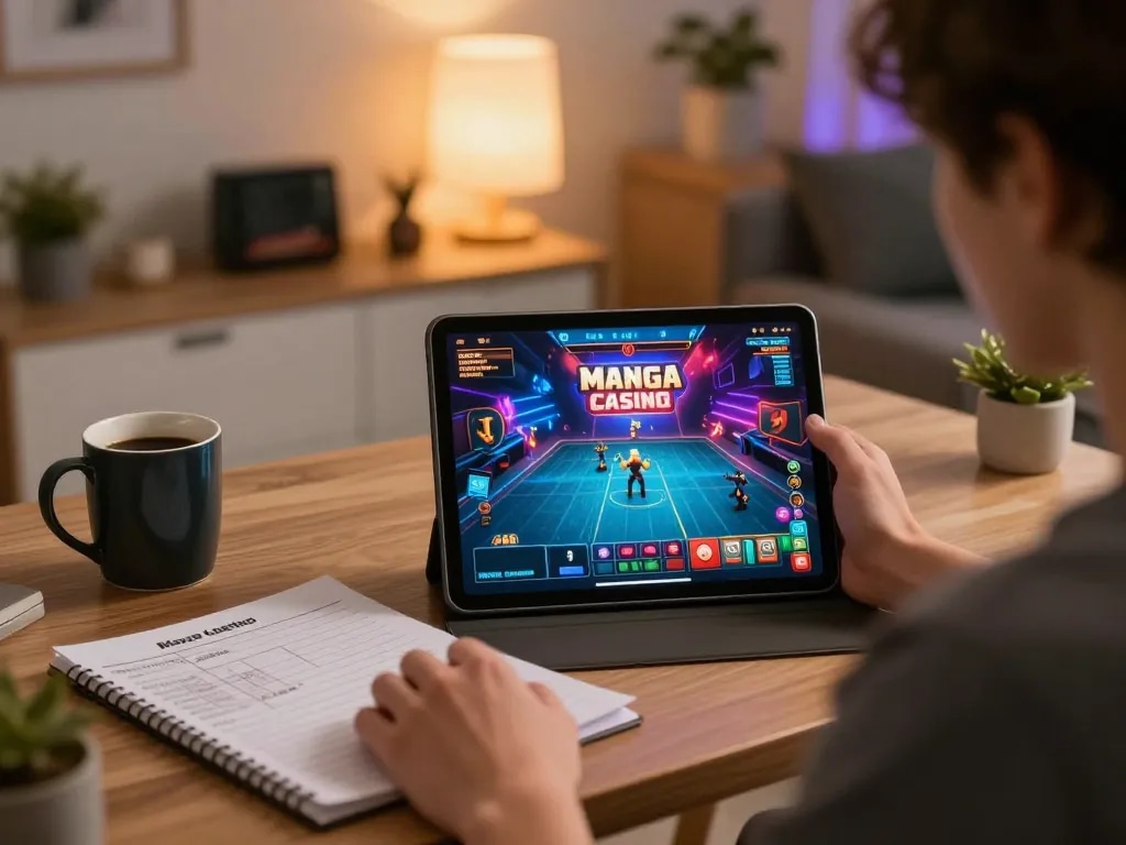 MangaCasino-de-Spieler genießt immersive Online-Spiele mit strategischen Notizen in einem gemütlichen Zuhause