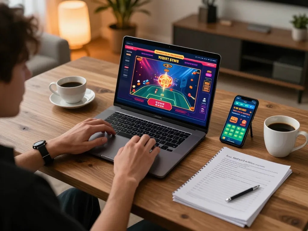 Engaging in exciting live dealer games at https://saobet.deal/ with a laptop setup