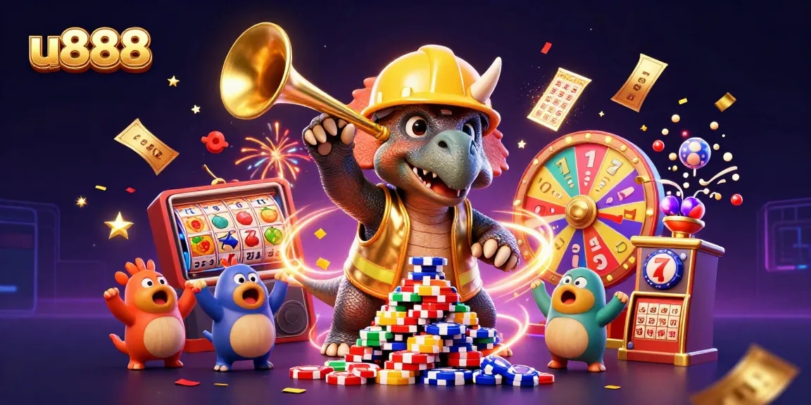 u888 summons excitement with a triceratops building poker chips amidst casino games.