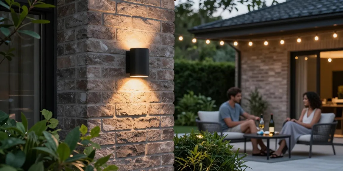 Moderne Außenwandleuchten Schwarz, die einen stilvollen Patiositzbereich mit gemütlicher Atmosphäre beleuchten.