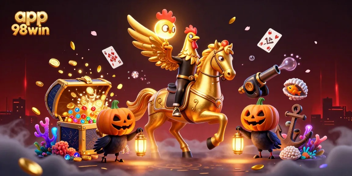 Experience thrilling action with app 98win in an enchanting casino scene filled with treasures and vibrant characters.