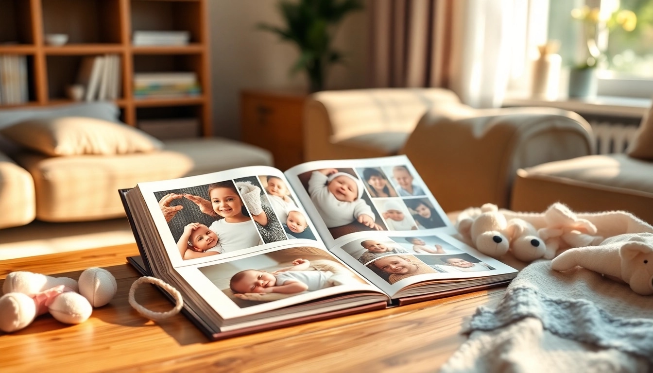 Babyalbum auf einem Tisch mit liebevollen Fotos und weichen Requisiten.