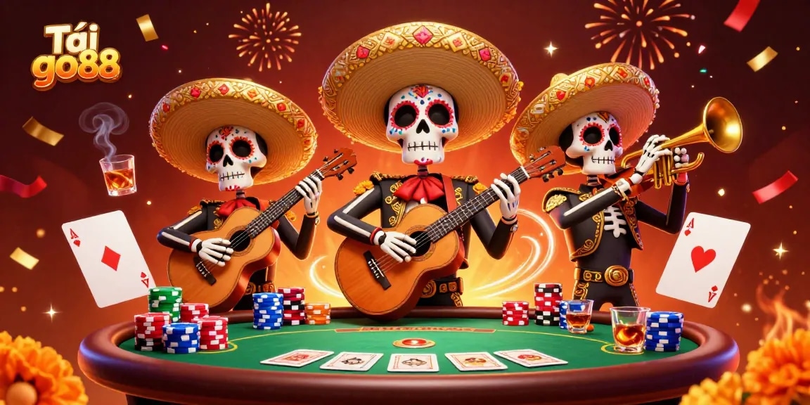 Play exciting games and Tải go88 with vibrant skeleton mariachi at a festive poker scene.
