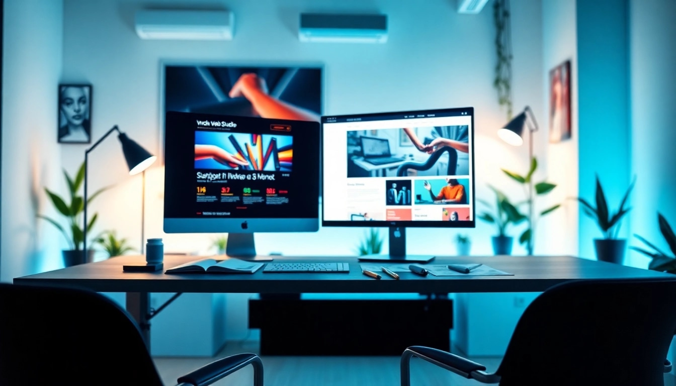 Webdesign: kreatives Arbeitsumfeld eines modernen Webdesign-Studios mit einem Schreibtisch.