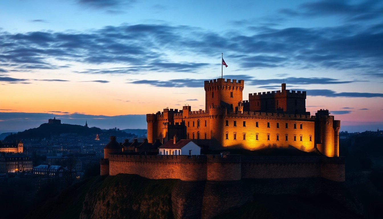 Besuchen Sie das beeindruckende Schloss Edinburgh, das majestätisch über die Stadt ragt, beleuchtet in der Dämmerung.