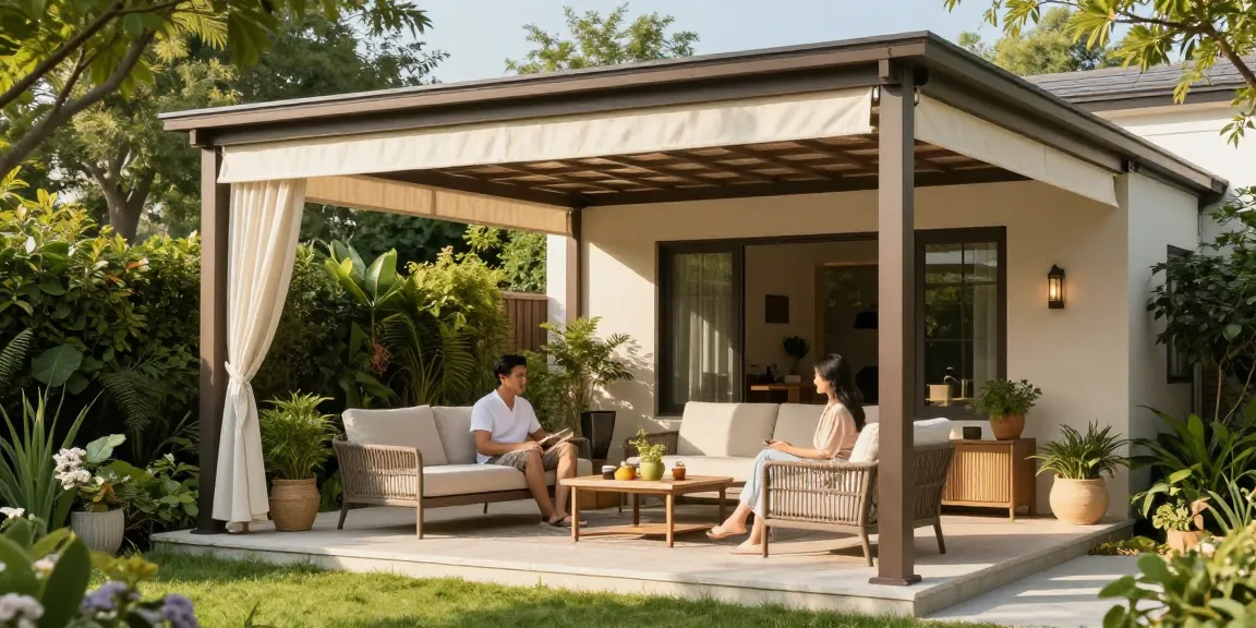 Gemütliche freistehende Terrassenüberdachung mit Paar, grünem Umfeld.