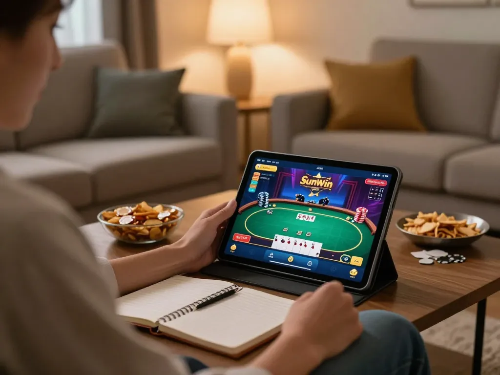 Enjoying a game on Sunwin while using a tablet in a cozy home setting, showcasing online gambling excitement.
