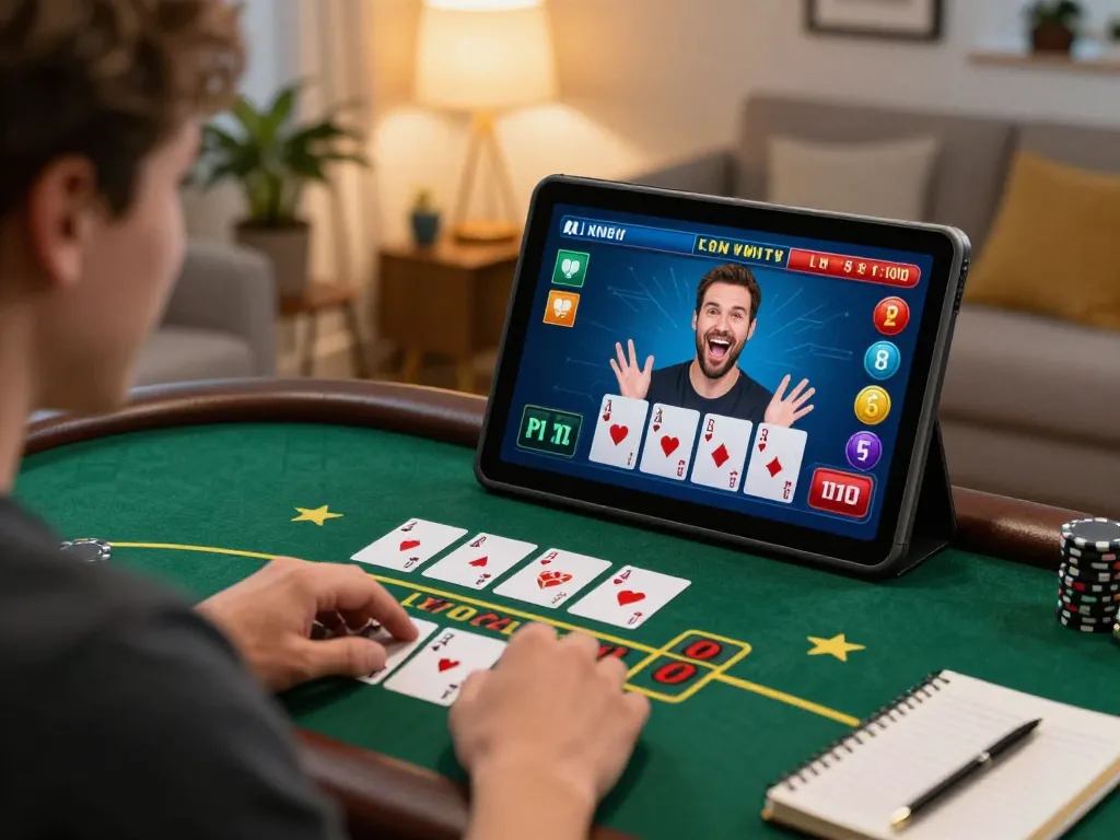 Experience thrilling fly88 online blackjack gameplay on a cozy tablet at home with strategic decisions.