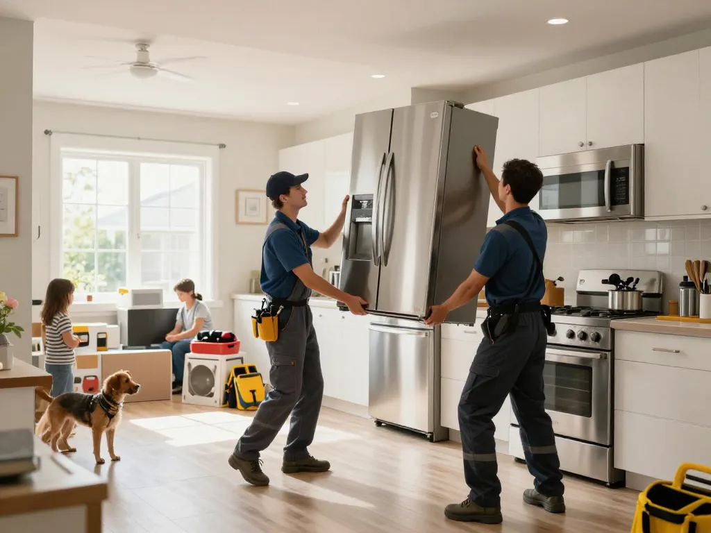 Efficient appliance removal process showcasing technicians carefully lifting a refrigerator during removal service.