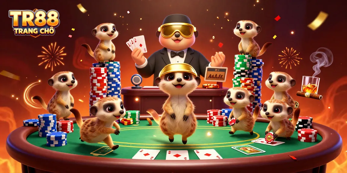 Experience excitement at TR88 TRANG CHỦ as meerkats manage a dynamic casino with cards and chips.