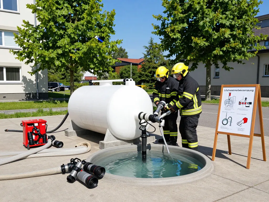 Löschwasserbevorratung - Feuerwehrleute untersuchen einen flexiblen Wasserrückhaltetank für den Notfalleinsatz und betonen die Brandschutzgeräte in einer kommunalen Freifläche.