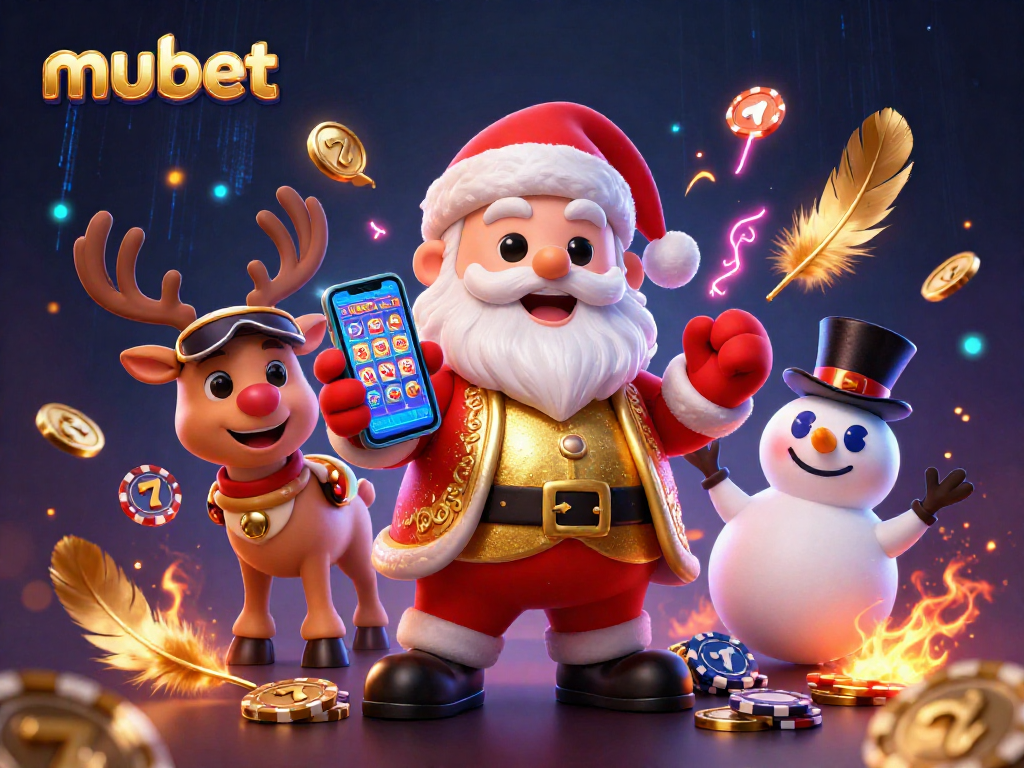 Spin the reels with Mubet as Santa Claus and friends gather at a vibrant casino.