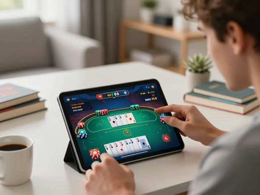 Player engaging in GO8 online poker strategy session on tablet with colorful game interface in cozy setting.