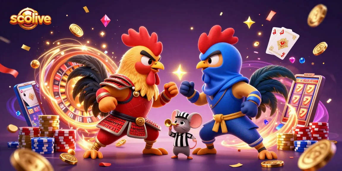 Socolive delivers exciting moments as cartoon fighting roosters battle in a lively casino scene.