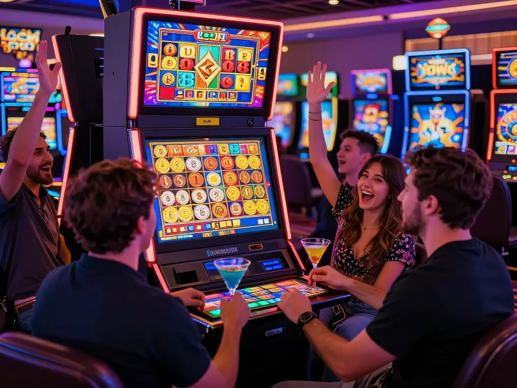 Exciting gaming scene with friends celebrating a big win on Lucky 88 slot machine in a vibrant casino environment.