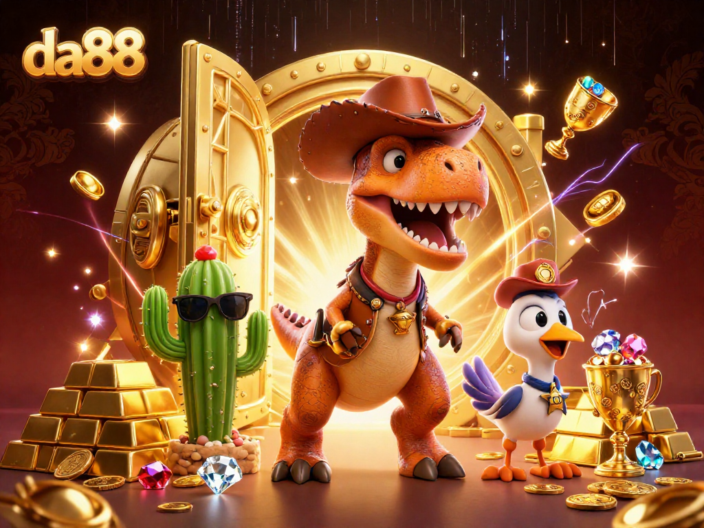da88 reveals dynamic casino adventures featuring a T-Rex cowboy and treasures bursting from a vault.