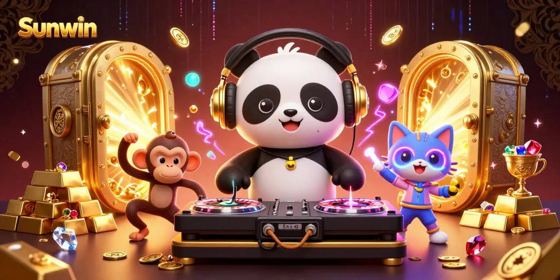 Join the fun at Sunwin, where a DJ panda spins games amid golden treasures and a lively dance floor!