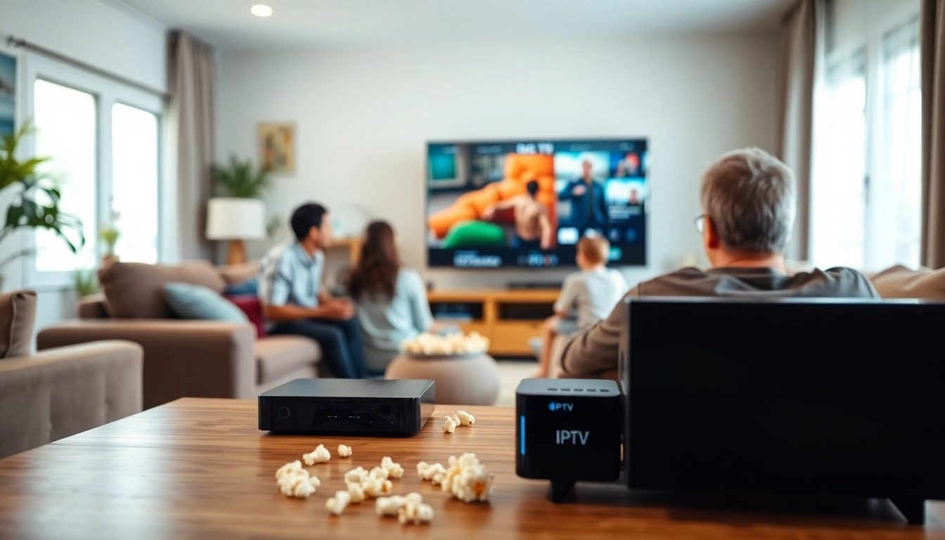 IPTV Anbieter kaufen: Modernes IPTV-Setup mit Familie in Wohnzimmer.