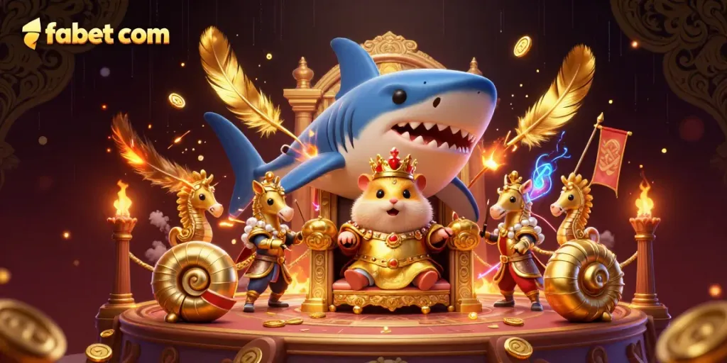Fabet com features a dynamic scene with a hamster king on a megalodon throne, symbolizing an immersive gaming atmosphere.