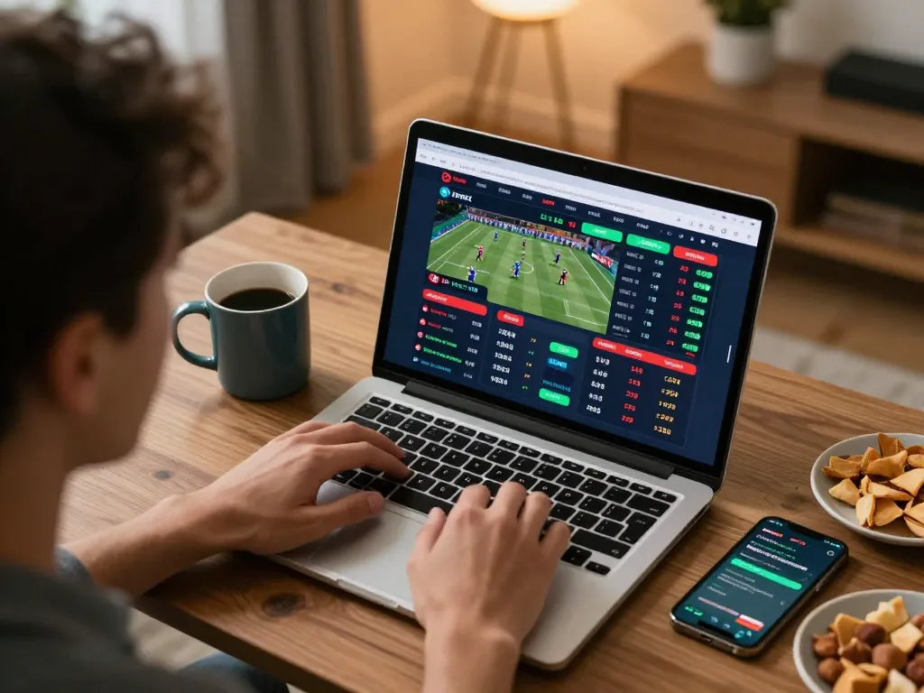 Engaged user analyzing O8 FOREX betting options on a laptop while enjoying a comfortable setting.