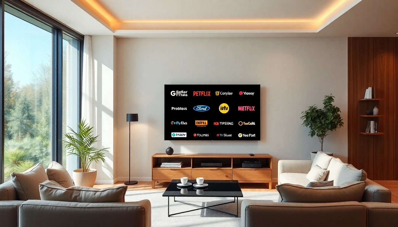 Showcase various IPTV Anbieter logos on a smart TV in a cozy living room setting.