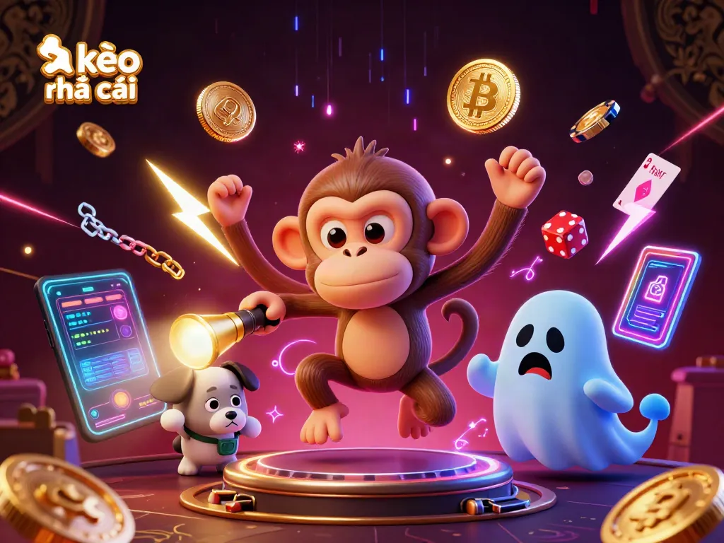 Engage with kèo nhà cái through an exciting scene of a poltergeist monkey juggling golden casino items while a curious puppy tracks it with a flashlight, surrounded by vibrant crypto elements.