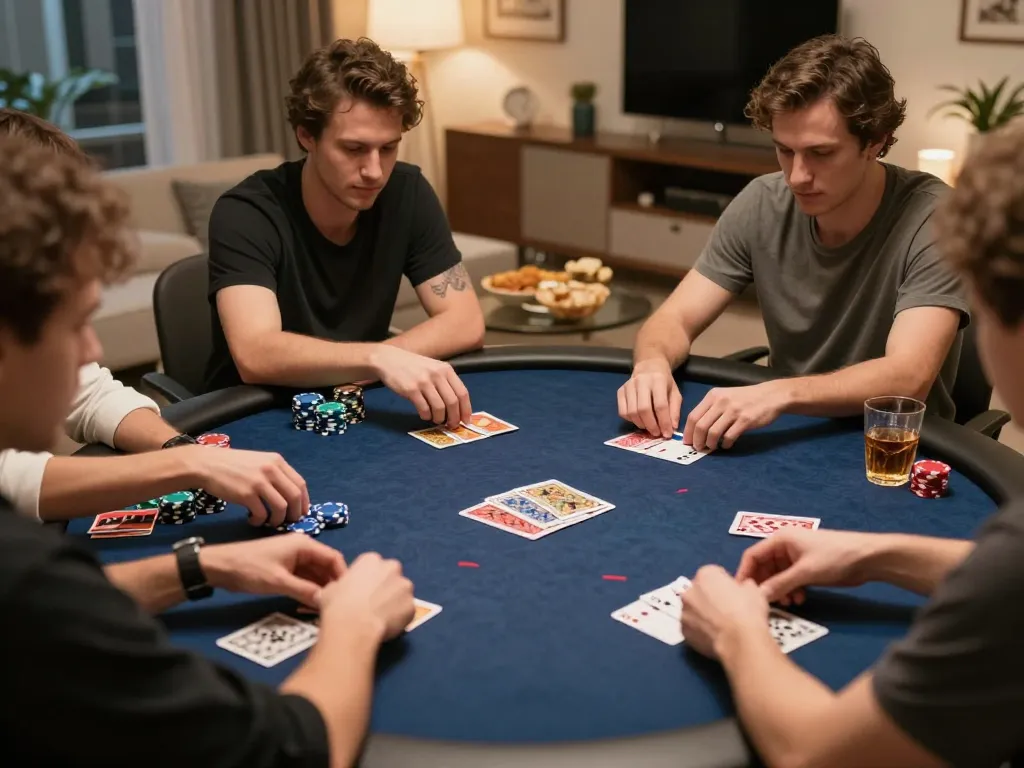 Friends engaged in a thrilling poker game at home, deep in strategy and fun, showcasing the excitement of 33winn gaming.
