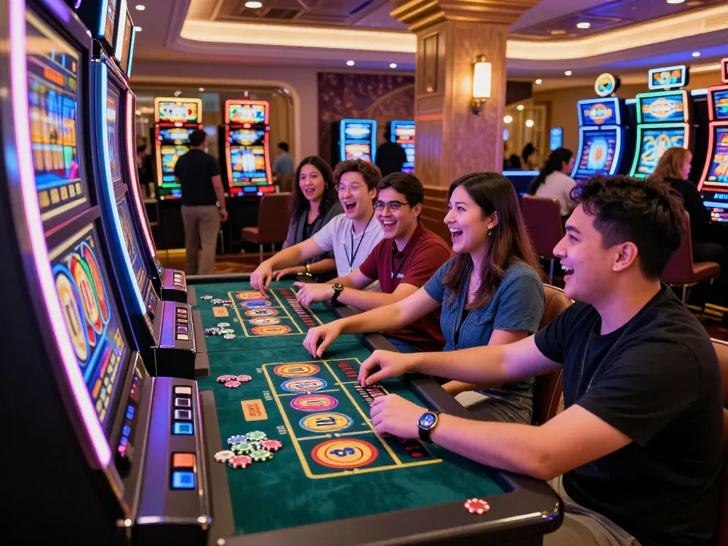 Exciting gaming scene at 79King casino with players enjoying vibrant slot machines and colorful chips.