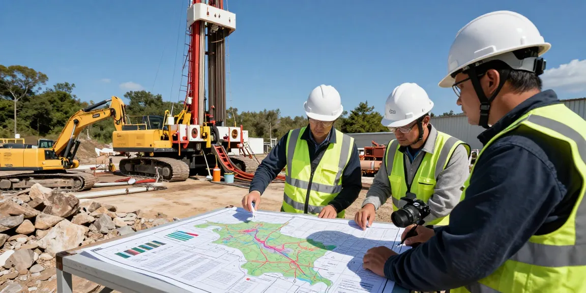 Geothermie Kosten: Fachleute am Bohrstandort besprechen die Erschließung von Erdwärme.
