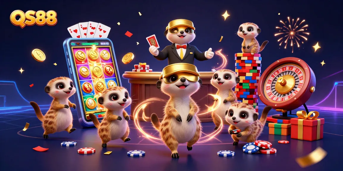 Experience the excitement of QS88 with meerkats orchestrating a vibrant casino scene of gaming and fun.