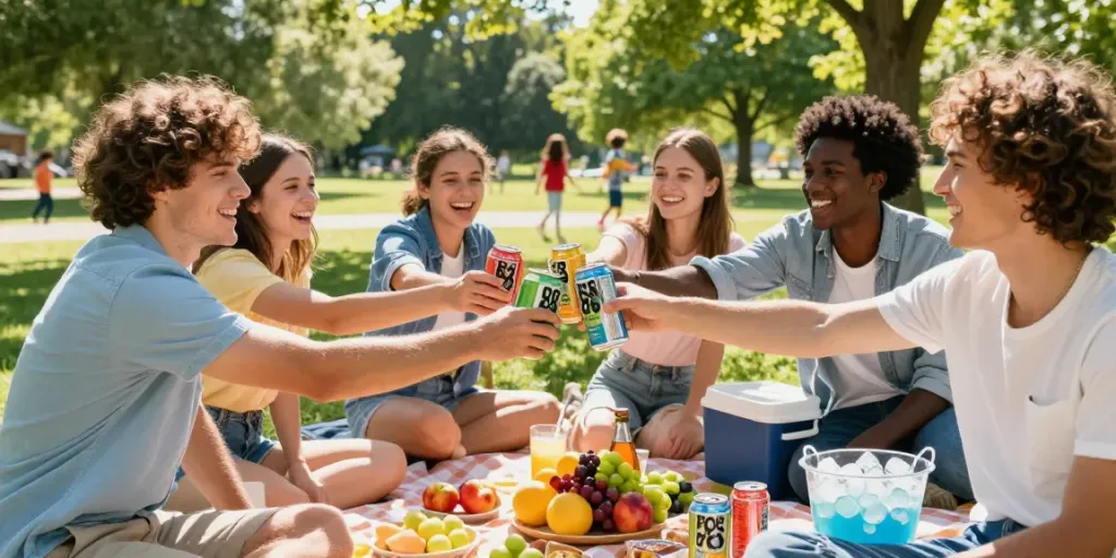 Friends enjoying ROKOK88 Soda Fresh at a sunny picnic, creating refreshing summer memories