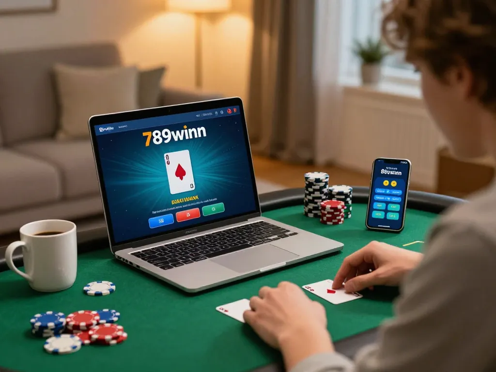 Engaging gameplay at home using the 789winn app on a laptop with poker chips scattered around
