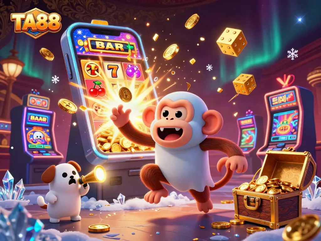 TA88 showcases an engaging scene of a mischievous monkey juggling glowing casino items in a vibrant gaming environment.
