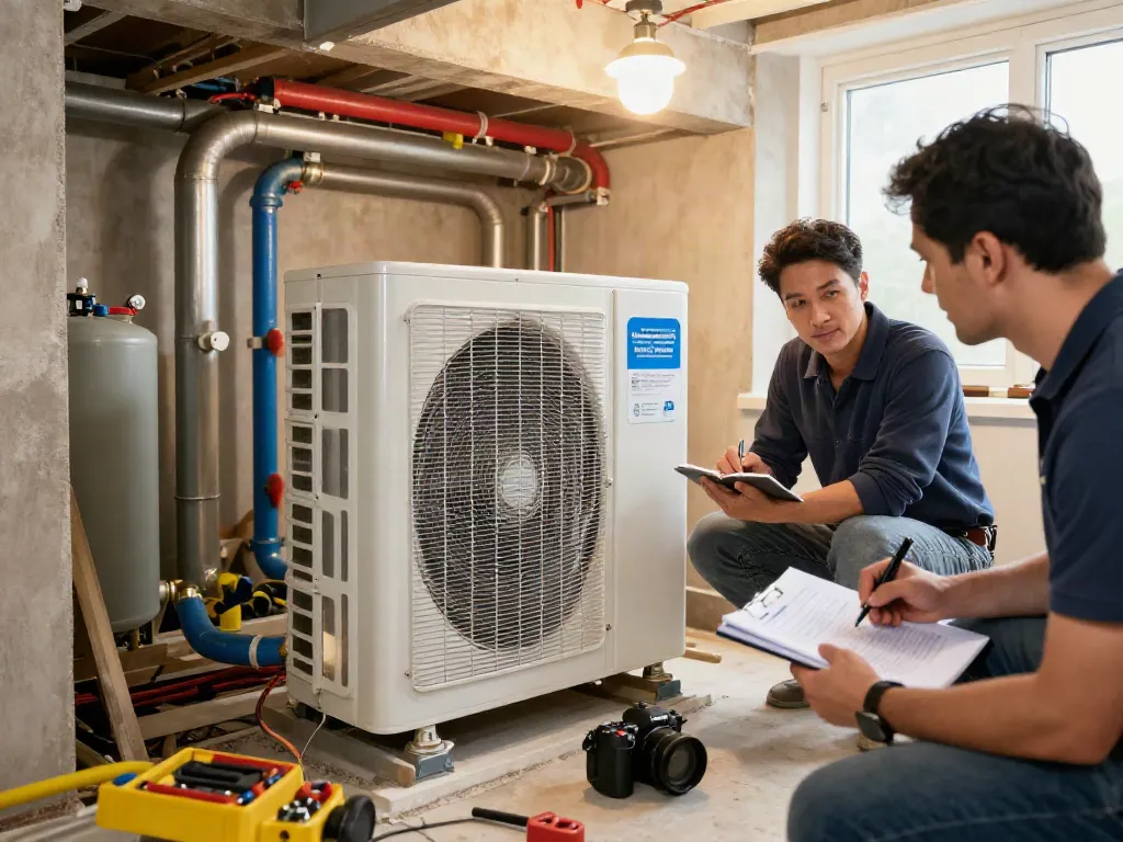 Kosten für Wärmepumpen: Techniker installiert Wärmepumpe in modernem Zuhause