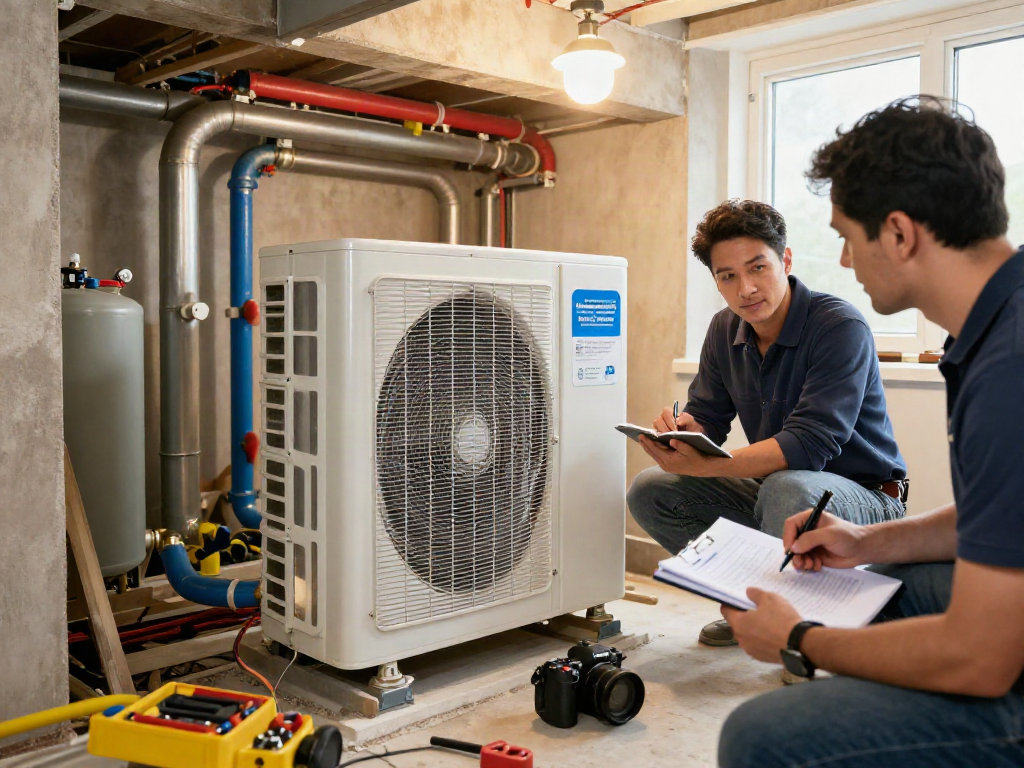 Kosten für Wärmepumpen: Techniker installiert Wärmepumpe in modernem Zuhause