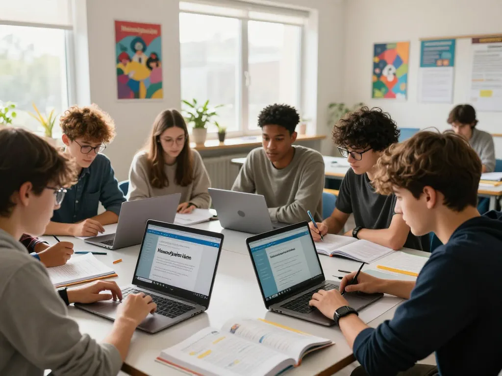 Schüler arbeiten zusammen, um Hausaufgaben mit verschiedenen Bildungswerkzeugen und Apps im Klassenzimmer zu lösen.