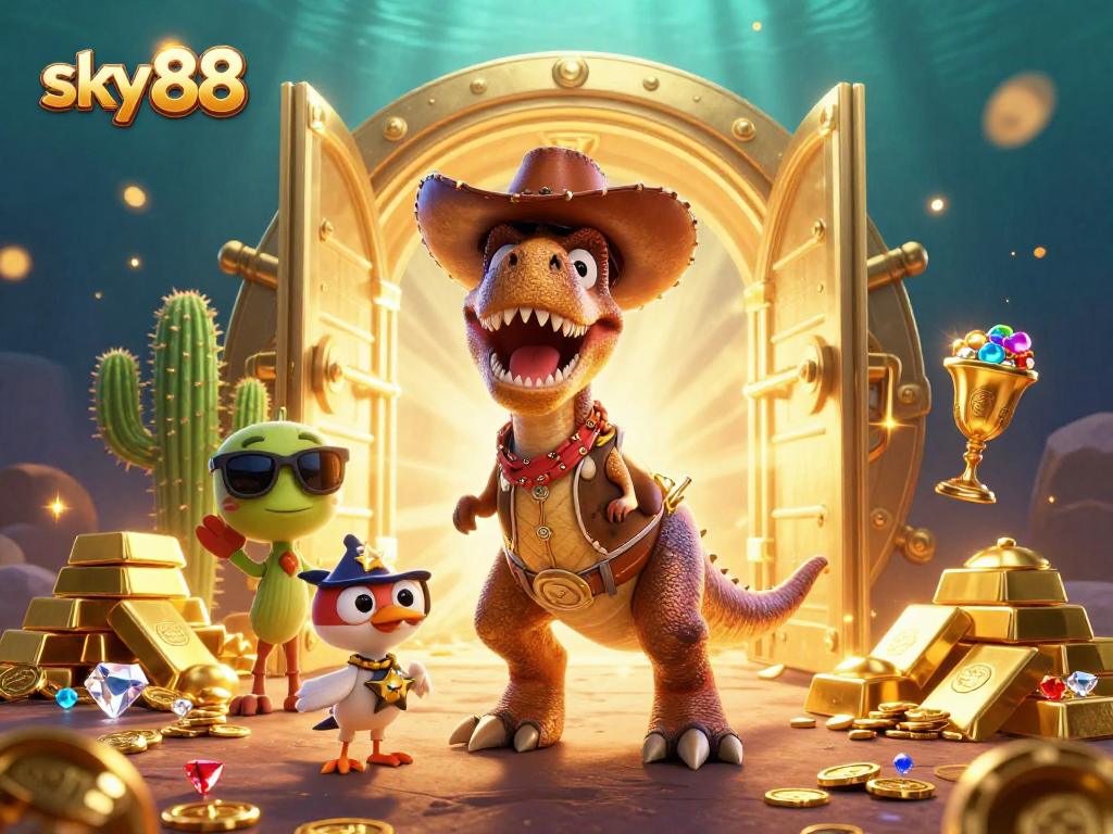 Watch sky88 bring casino excitement to life with T-Rex and treasure in vibrant 3D!