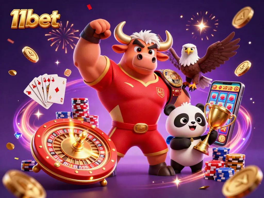 Experience excitement at 11bet with a lively 3D casino scene featuring a celebrating bull, eagle, and panda.