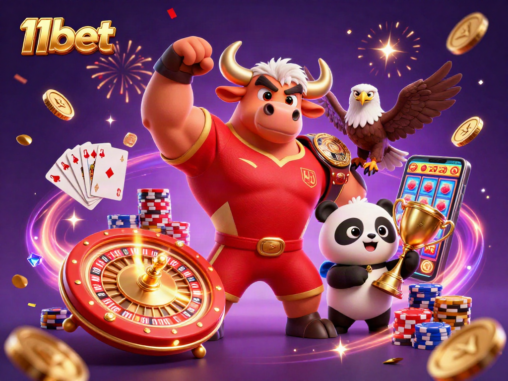 Experience excitement at 11bet with a lively 3D casino scene featuring a celebrating bull, eagle, and panda.