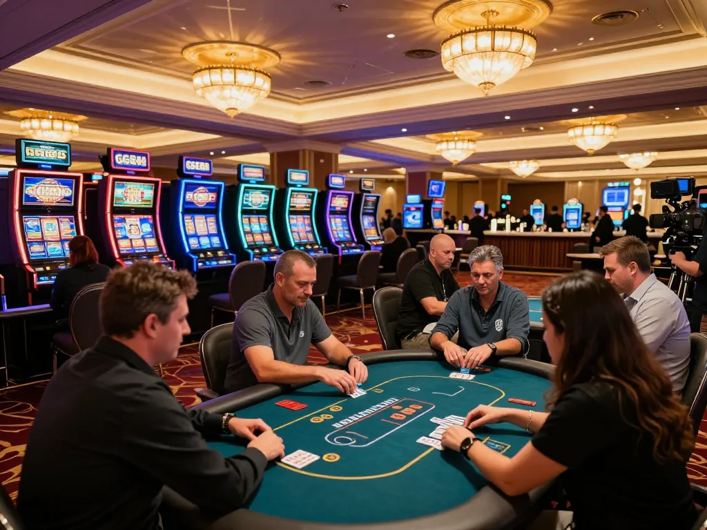 Players engaging in games at GG88 casino, vibrant atmosphere with flashing slot machines.