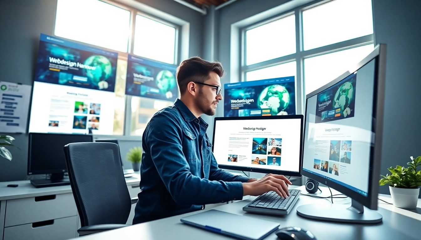 Erstellen von Webdesign Hannover durch einen Designer in einem modernen Büro mit digitalen Mockups.