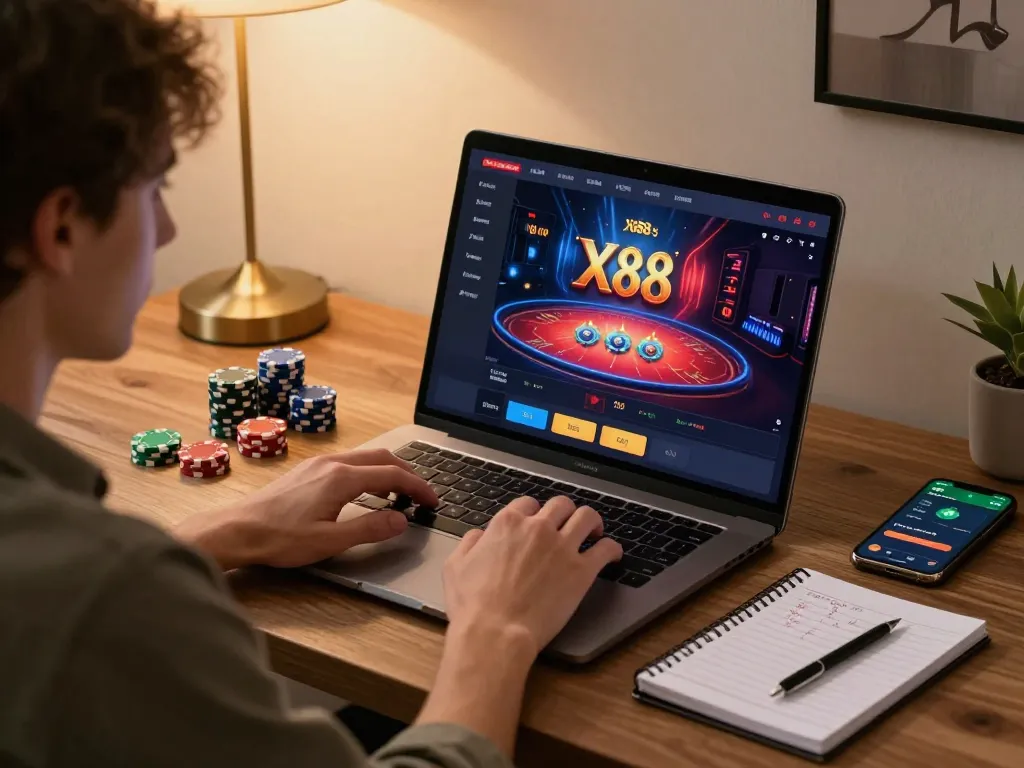 X88 online gaming experience with player focused on bets and strategy at home.