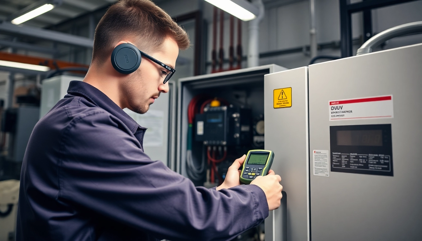 Technician conducting a DGUV V3 Prüfung ensuring safety compliance in an electrical equipment workspace.