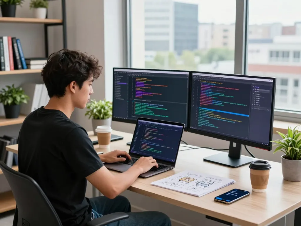 Entwickler konzentriert auf das Programmieren einer benutzerdefinierten Webanwendung, die einen dynamischen technischen Arbeitsplatz für Lösungen zur Erstellung eigener Webanwendungen zeigt.